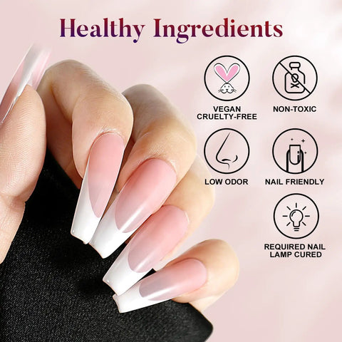 Close-up of nails with French manicure using HEMA Free All In One Rubber Base Gel And No Wipe Top Coat Kit Set Soak Off UV LED