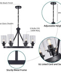 Six Light Round Farmhouse Chandelier With Vintage Rustic Pendant Ceiling Lights Clear Glass Shade Black Finish For Kitchen