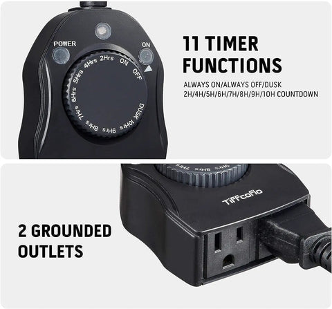 Heavy Duty Outdoor Christmas Light Timer Featuring Dusk to Dawn Sensor Technology with dial and two grounded outlets.