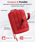 Front view of red waterproof nylon first aid kit bag with handle and strap