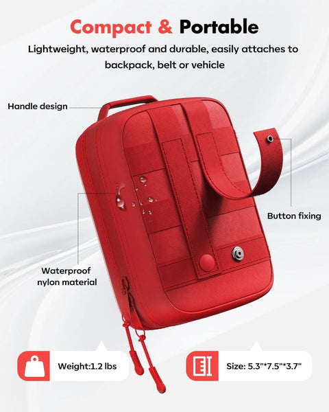Front view of red waterproof nylon first aid kit bag with handle and strap