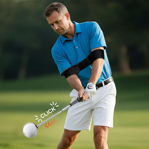 Man using 5 In 1 Retractable Golf Swing Trainer For Right Or Left Handed Players With Arm Band Included on a golf course.