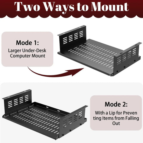 Heavy Duty Under Desk Computer Mount For Small Form Factor Desktops Plus Gaming Consoles showing two mounting modes and features.