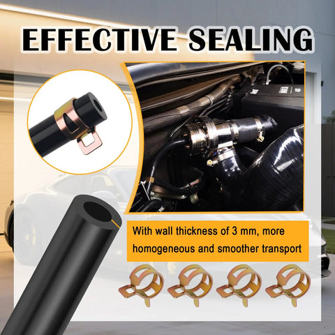 Six Piece Silicone Vacuum Hose Kit For Automotive Use, showing hose installation and effective sealing detail, clamps depicted