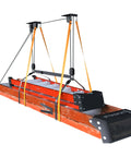 Ceiling Ladder Hoist System For Garage Storage Heavy Duty Pulley Lift Holds Up To 150 Lbs, black, installed with orange straps