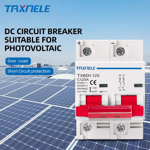 Two Pole 125A 600V DC Miniature Circuit Breaker For Solar PV Setups, DIN Rail Mount Battery Disconnect Switch, Short Circuit Protection Isolator