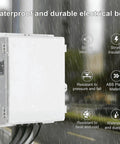 Heavy Duty Outdoor Electrical Junction Box Waterproof ABS Enclosure With Built In 15 Amp Power Outlet And Snug Hinged Lid Solid 16X12X4 Inch Shell Built Like A Tank For Backyard Power Hookups shown mounted outdoors with rain.
