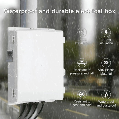 Heavy Duty Outdoor Electrical Junction Box Waterproof ABS Enclosure With Built In 15 Amp Power Outlet And Snug Hinged Lid Solid 16X12X4 Inch Shell Built Like A Tank For Backyard Power Hookups shown mounted outdoors with rain.