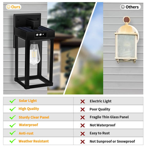 Comparison of outdoor solar wall light with motion sensor and 3 lighting modes two bulbs waterproof porch lantern for garage.