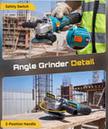 Professional Grade 4 1 2 Inch Corded Angle Grinder Rock Solid Build With 1200 Watt Pure Copper Motor And 13000 RPM Speed To Crush Every Cutting And Grinding Task showcasing safety switch and 2-position handle.
