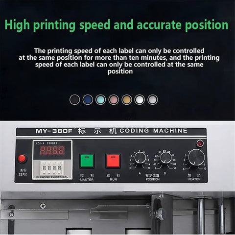 Control panel of Heavy Duty Automatic Print Date Label Machine 180W Ink Wheel Printer with buttons for speed and settings.