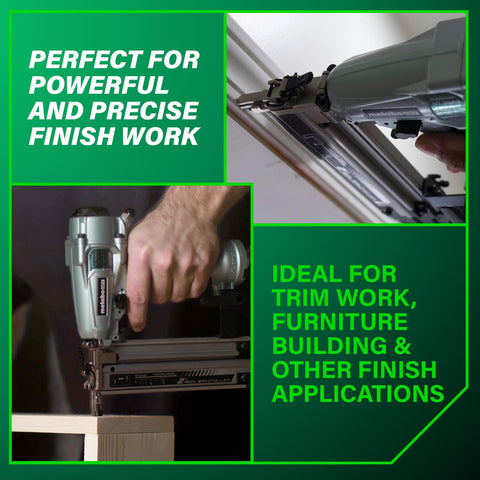 Pro 18 Gauge Brad Nailer For Trim And Furniture Projects Pneumatic Finish Nail Gun in use, hand gripping tool for precise work.