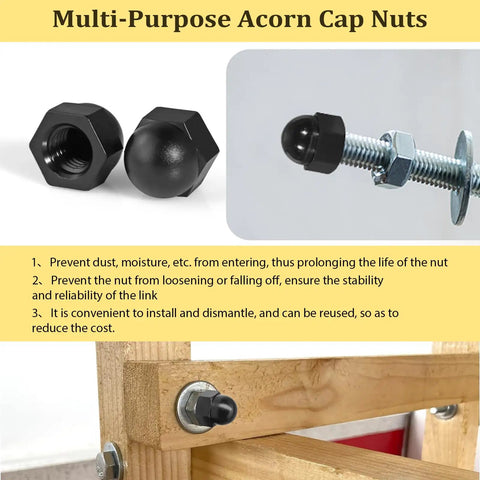 All In One Black Nylon Acorn Nut Kit With M3 To M10 Sizes, installed on bolt, used as protective cap for bolts and fasteners