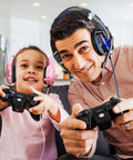 Father and daughter gaming with Multi Platform Gaming Headset With Noise Cancelling Mic 7.1 Surround Sound LED Lights