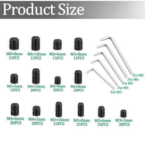 Beefy 535 Piece Set Screw Kit With Metric And SAE Sizes, various grub screws and included metric hex wrenches displayed