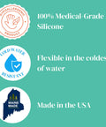 Medical-Grade Silicone Scuba Mouthpiece Pack Of 2 - Hypoallergenic, cold water resistant, made in USA certification badges.