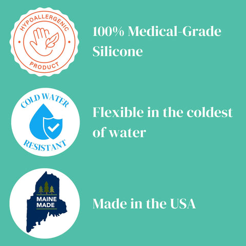 Medical-Grade Silicone Scuba Mouthpiece Pack Of 2 - Hypoallergenic, cold water resistant, made in USA certification badges.