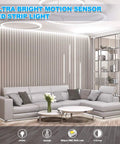 Living room with Motion Activated LED Rope Lights 32.8Ft With Day And Night Modes, installed behind gray sectional sofa