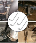 90 Degree Bend Universal Exhaust Hanger Rods Kit with 195 mm length, displayed in use on cars, trucks, and vans' exhaust systems.
