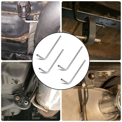 90 Degree Bend Universal Exhaust Hanger Rods Kit with 195 mm length, displayed in use on cars, trucks, and vans' exhaust systems.