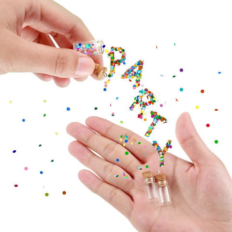 Totally Sweet Mini Glass Bottles With Cork Stoppers And Eye Screws Hella Practical Funnel Kit For Diy Crafts Perfume Sampling Raffle Prizes And Creative Hobby Builds 50 Piece 0.5Ml Pack with colorful confetti.