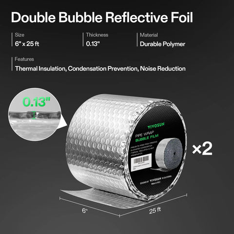 2 Pack Double Bubble Foil Insulation Roll 6 Inch By 25 Feet Reflective HVAC Pipe Duct Wrap For Attics Garages Windows Moisture Resistant