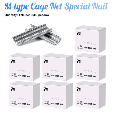 Boxes with 600 M-type cage net nails shown next to a pile of nails.