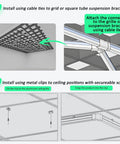 Geometric Hexagon Garage LED Light Panels With Blue Frame No-Fuss Install instructions showing grid and clips on ceiling.