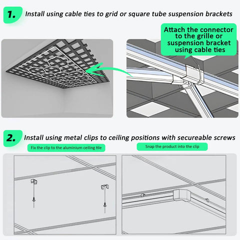 Geometric Hexagon Garage LED Light Panels With Blue Frame No-Fuss Install instructions showing grid and clips on ceiling.