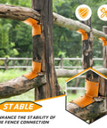 20 Pack Heavy Duty L Shaped Round Post Fence Brackets Built Different For Wood Fence Repair And Deck Railings Includes Self Tapping Screws, brown brackets securing wooden posts.