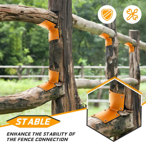 20 Pack Heavy Duty L Shaped Round Post Fence Brackets Built Different For Wood Fence Repair And Deck Railings Includes Self Tapping Screws, brown brackets securing wooden posts.