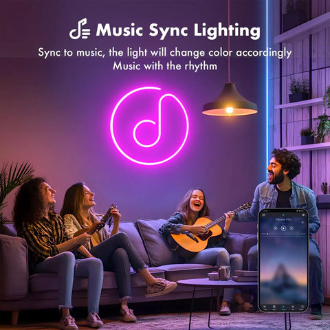Neon Rope Lights 50Ft RGB LED Strip IP67 Waterproof DIY Design Friendly Music Sync 44 Key Remote Multiple Modes For Bedroom Ambience Holiday Decor Party Lighting Flexible Color Glow in a room with music sync feature.