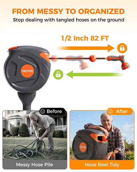 Image comparing messy hose pile with Retractable Garden Hose Reel 82 Ft 1/2 Inch Ground Mounted Freestanding Water Hose System