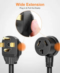 Close-up of 4 Prong To 3 Prong Dryer Adapter Cord For NEMA 14-30P To 10-30R, 30A 250V STW 10AWG showing plug and outlet.