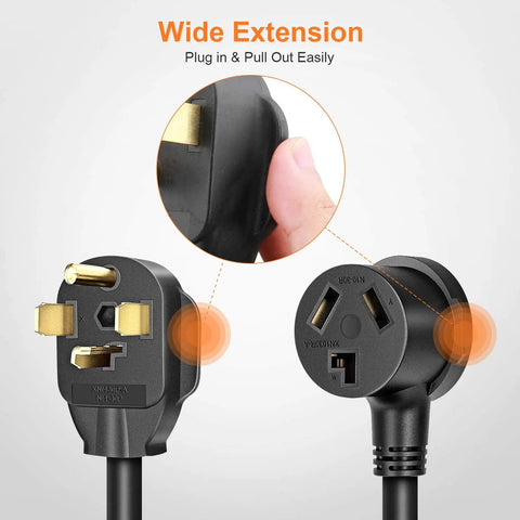 Close-up of 4 Prong To 3 Prong Dryer Adapter Cord For NEMA 14-30P To 10-30R, 30A 250V STW 10AWG showing plug and outlet.