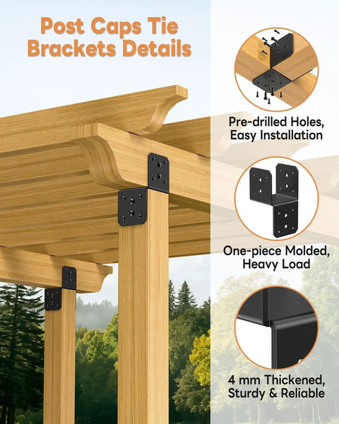 Beefy Four Pack Heavy Duty 4x4 Post Anchor and Joist Connector Brackets without screws installed on wooden beams outdoors