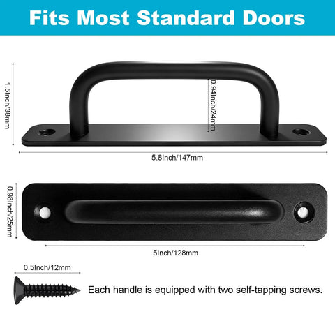 Matte Black Barn Door Handles 2 Pack Heavy Duty Aluminum Alloy Pull Handles With 5 Inch Hole Center For Sliding Pocket Closet And Cabinet Doors Easy Install With Screws Included Durable Rust Resistant Modern Rectangular Design front and side view dimensions with screws