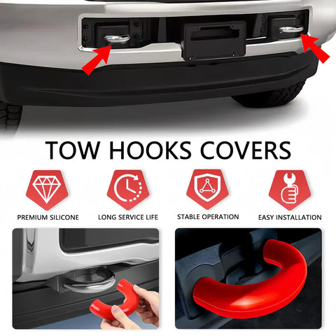 Close-up of red silicone Ford F150 tow hook covers 2004-2026, easy installation, showing hand fitting cover, front vehicle view.