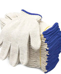 Heavy Duty Pro Grade Cotton Polyester Knit Work Gloves For Mechanics And Warehouse Crews 12 Pack Medium Size stacked with blue trim.