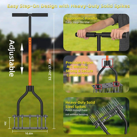 Heavy Duty Manual Lawn Aerator With 15 Spike Dual Layer Self Cleaning Spikes For Compact Soil standing on grass