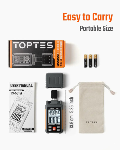 Orange Sound Level Meter With A Weighting, 30 To 130 dB Range, Portable Decibel Meter With 2.25 Inch Backlit LCD, Data Hold, Max Min, Ideal For Home Use, Noisy Neighbor Monitoring, Workshop And Factory Noise Tracking. kit with manual, batteries and pouch