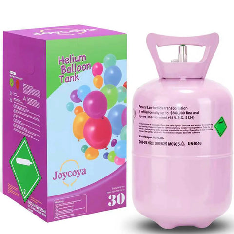 Joycoya 7L pink helium balloon tank with colorful balloon box; includes up to 30 latex balloons and ribbons