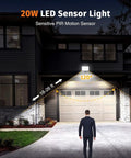 JUDYSSY Led Pir Floodlights 20W, Ip67 Waterproof Security Light with Motion Se, 1 Pack showing 120-degree coverage near a garage.