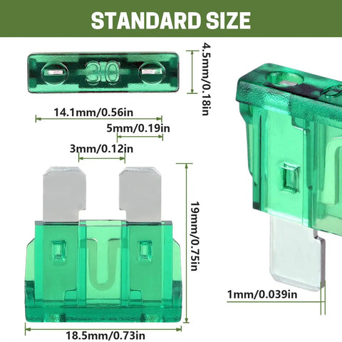 One Hundred Piece Standard Blade Fuses Assortment Kit For Cars Trucks And RV Fast Blow Electrical Protection showing dimensions of 30A fuse.