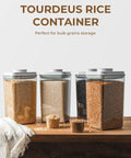 Airtight Food Storage Containers With One Hand Pop Lid Four Pack Four Point Two Two Quart Stackable Large Modular Organizers With Measuring Scoops BPA Free For Rice Flour Baking Supplies Snacks And Laundry Pods on wooden table with grains.