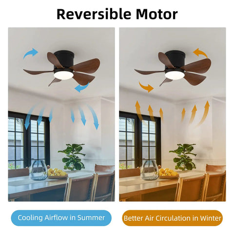 Flush Mount 30 Inch Ceiling Fan With Lights And Remote Low Profile Indoor Outdoor Fan in dining room, reversible motor in action