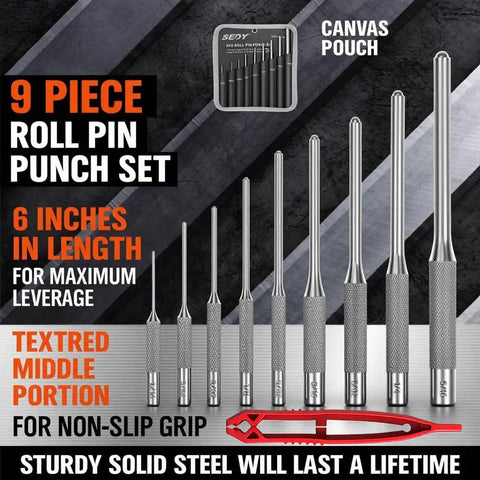 9-Piece Roll Pin Punch Set For Fast Pin Removal With Durable Chrome Vanadium Steel, built for automotive, firearm maintenance
