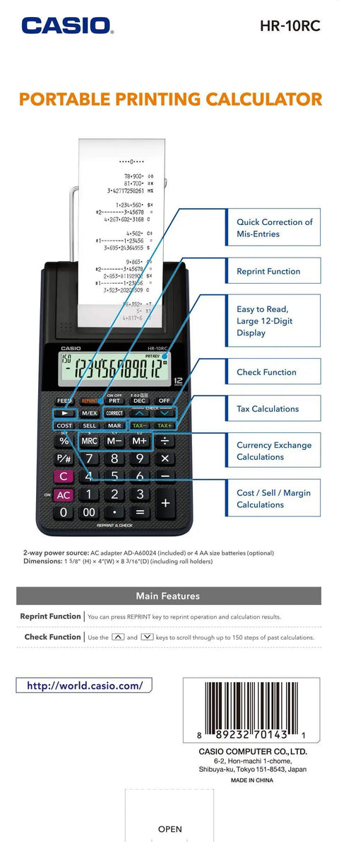 Compact Desktop Printing Calculator With 12 Digit Display And Built In Printer For Tax And Currency Functions front view
