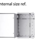 Open view of Junction Box IP67 Waterproof Electrical Enclosure With Transparent Inner Door, Hinged Grey Cover, measuring 242mm x 343mm.