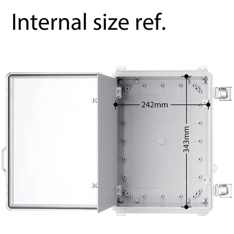 Open view of Junction Box IP67 Waterproof Electrical Enclosure With Transparent Inner Door, Hinged Grey Cover, measuring 242mm x 343mm.